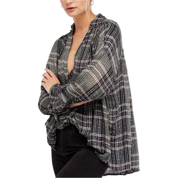 Free People Fearless Love Bell Sleeve Flannel Shirt Green Black Size Small - Picture 1 of 7